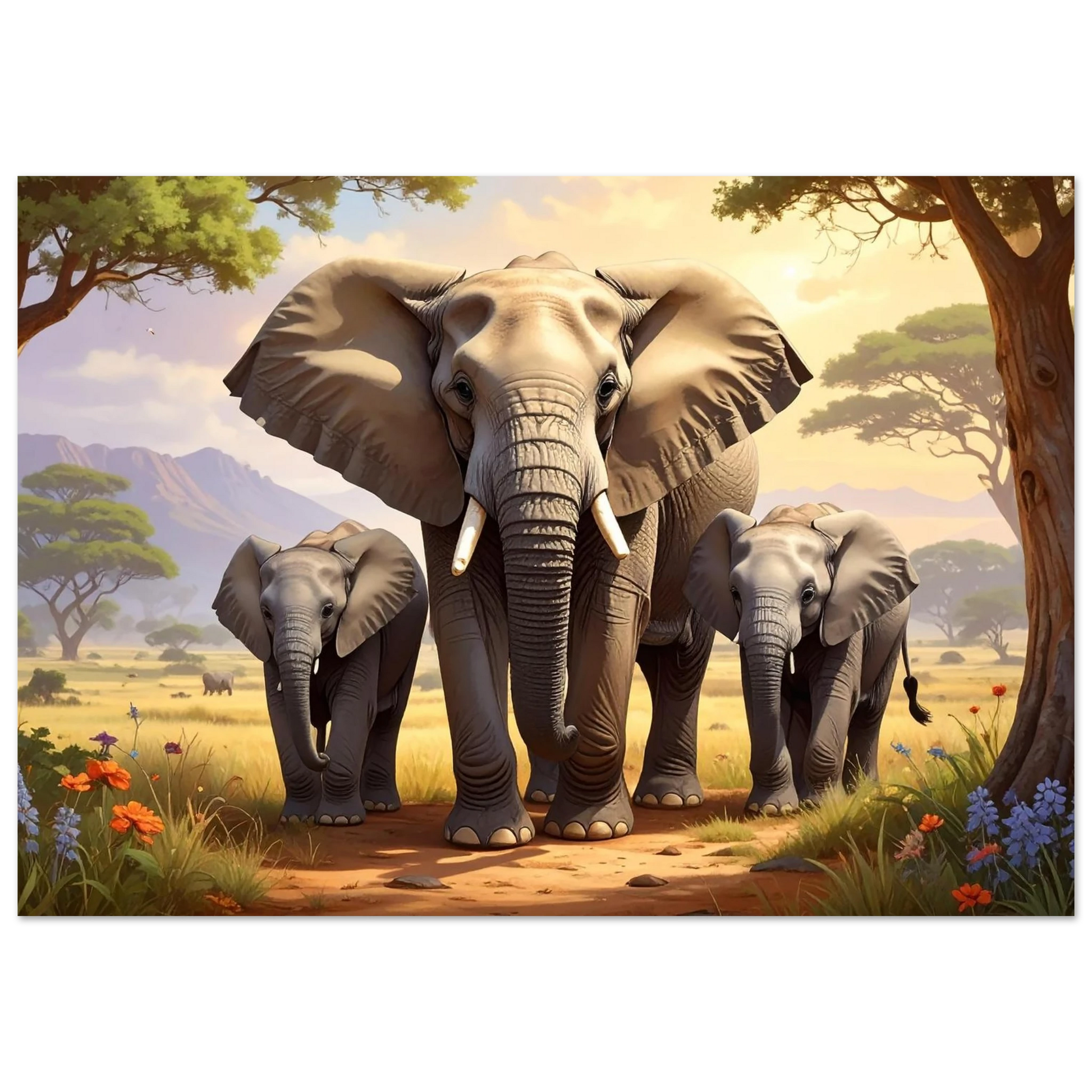 A grand, immersive canvas print featuring a beautiful elephant family walking together through a sweeping savannah landscape.