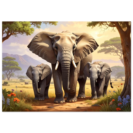 A grand, immersive canvas print featuring a beautiful elephant family walking together through a sweeping savannah landscape.