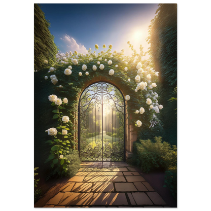 An ornate black iron gate overgrown with white climbing roses and ivy, looking into a sunlit, misty garden.