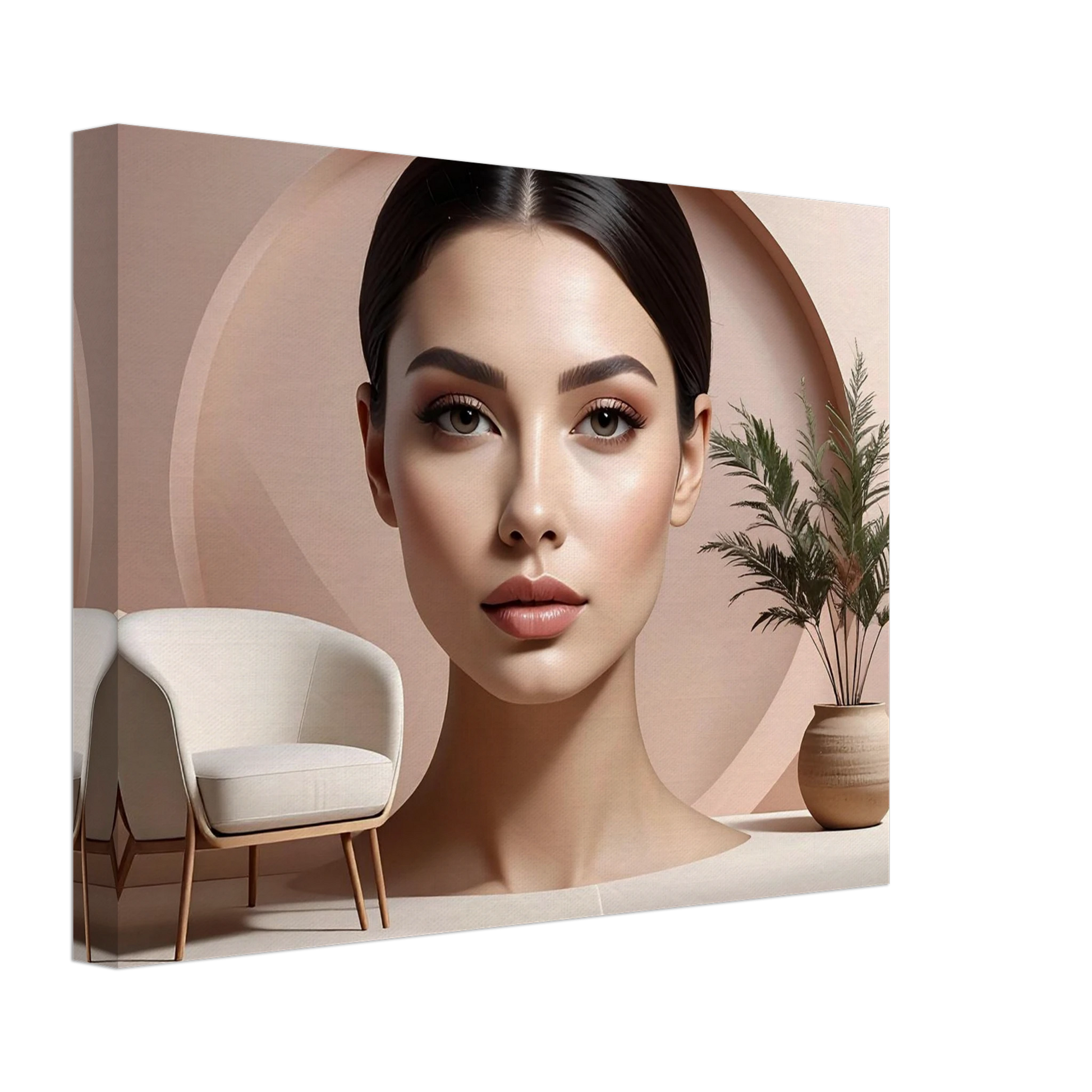 Canvas print of a woman's face with a minimal interior design background