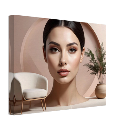 Canvas print of a woman's face with a minimal interior design background