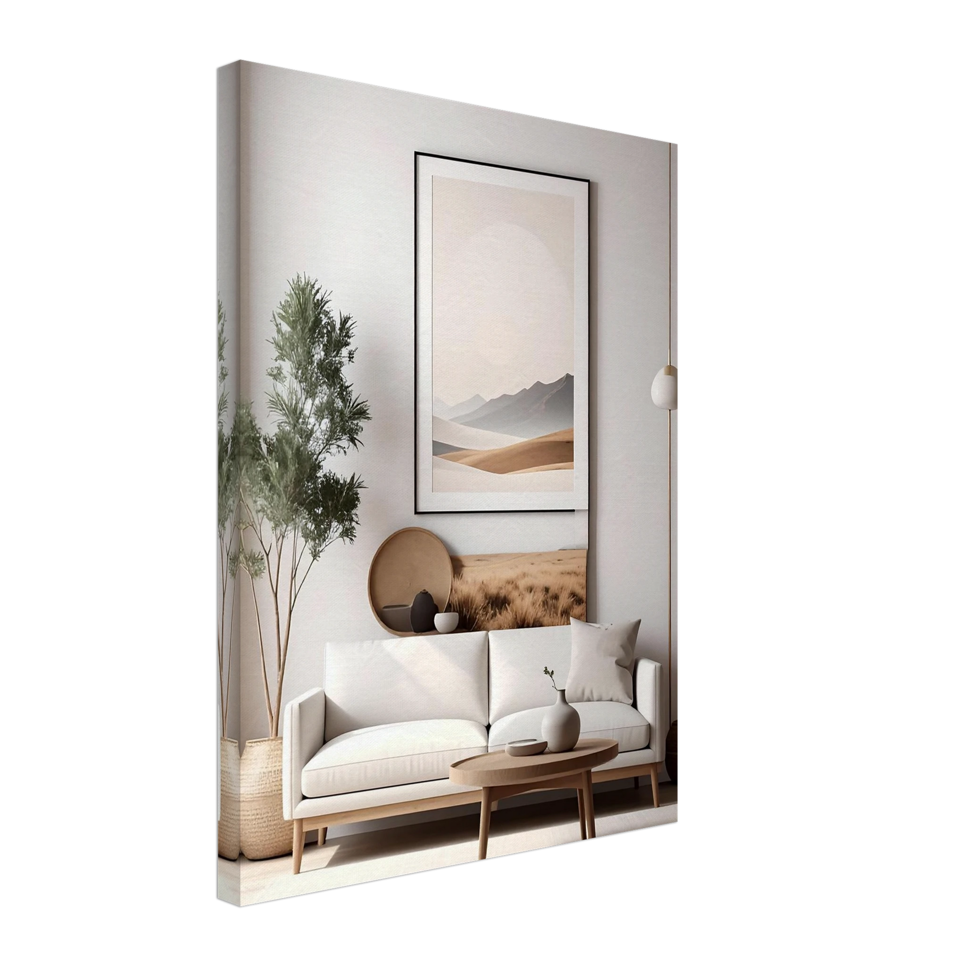 Framed wall art of a landscape with a white couch and decor in the background