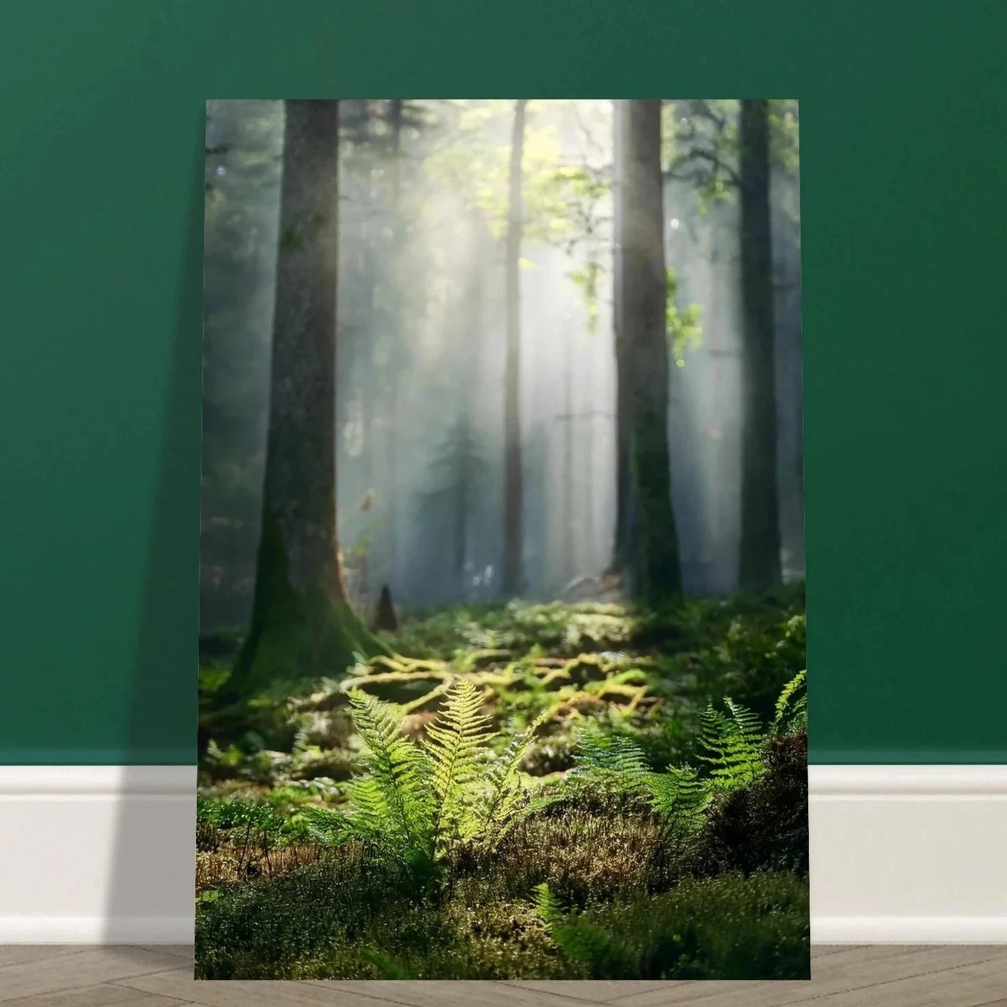 Ethereal early spring forest floor with vibrant green moss and new fern shoots emerging through a layer of morning mist and dappled sunlight.