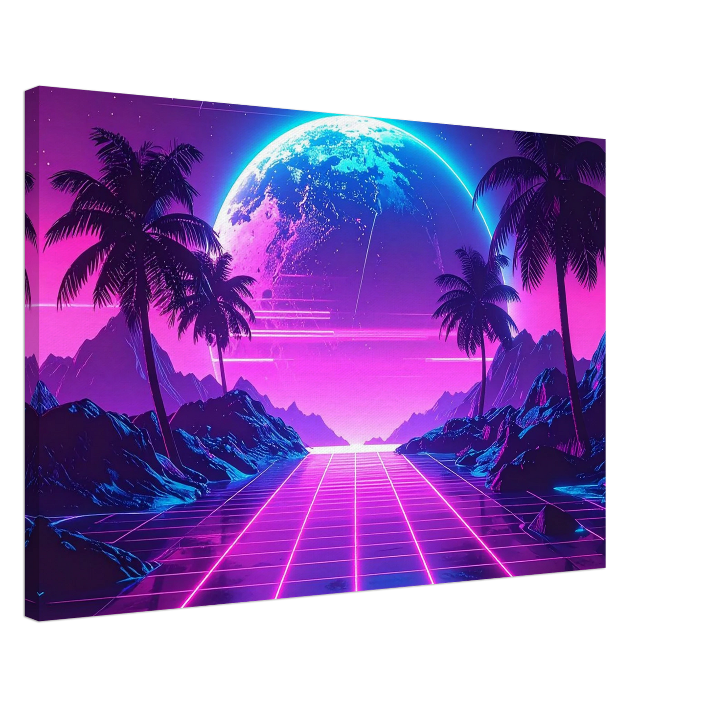 Futuristic landscape with palm trees, mountains, and a glowing planet in a retro-vision style.