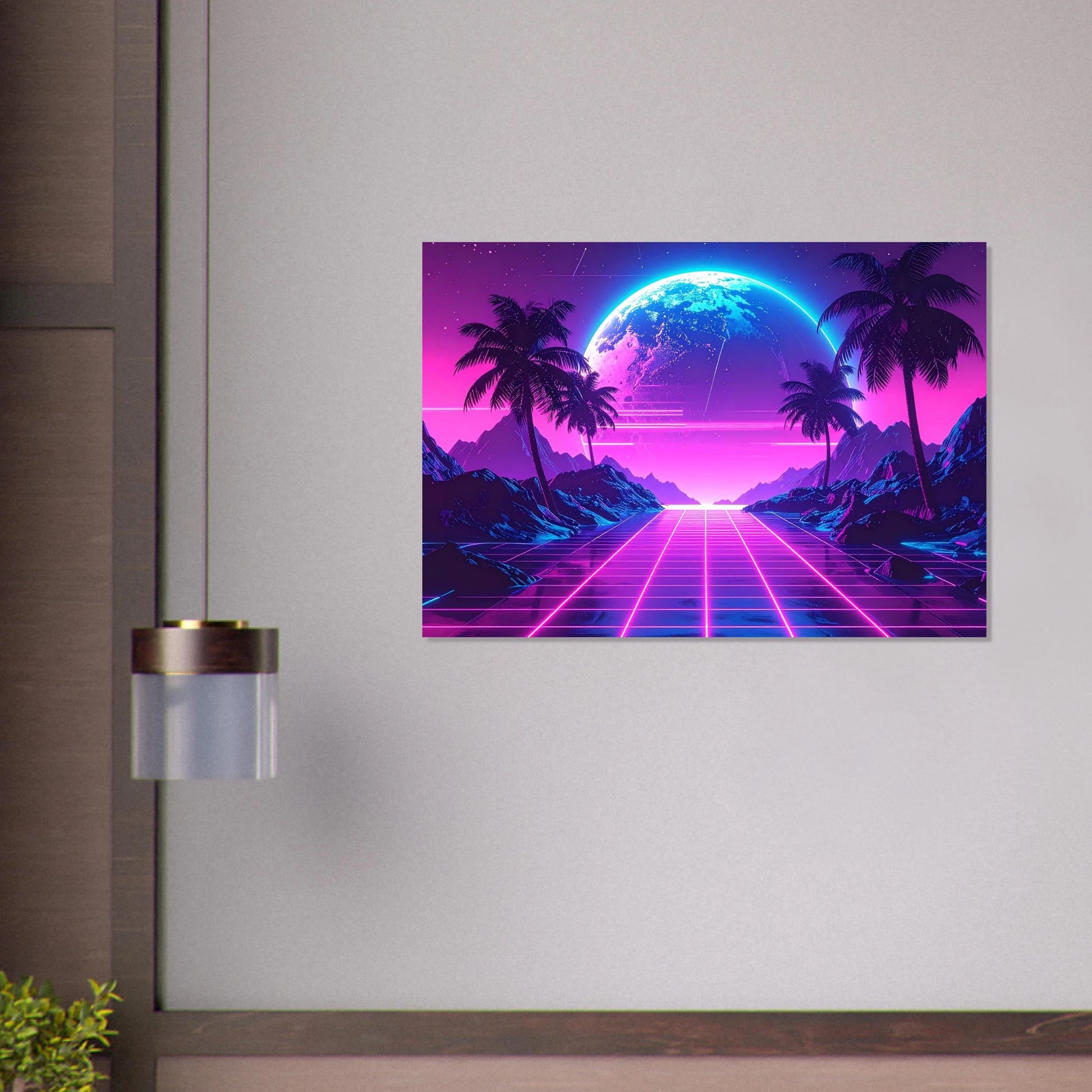 Glowing neon retro arcade scene with brilliant blue and magenta lights and classic gaming icons.