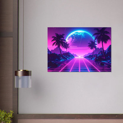 Glowing neon retro arcade scene with brilliant blue and magenta lights and classic gaming icons.