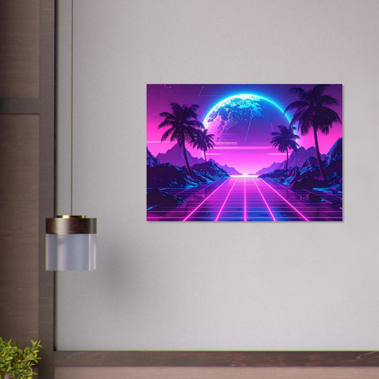 Glowing neon retro arcade scene with brilliant blue and magenta lights and classic gaming icons.