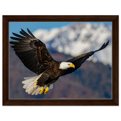 Majestic Soaring Bald Eagle Mountain Wall Art framed canvas in dark wood