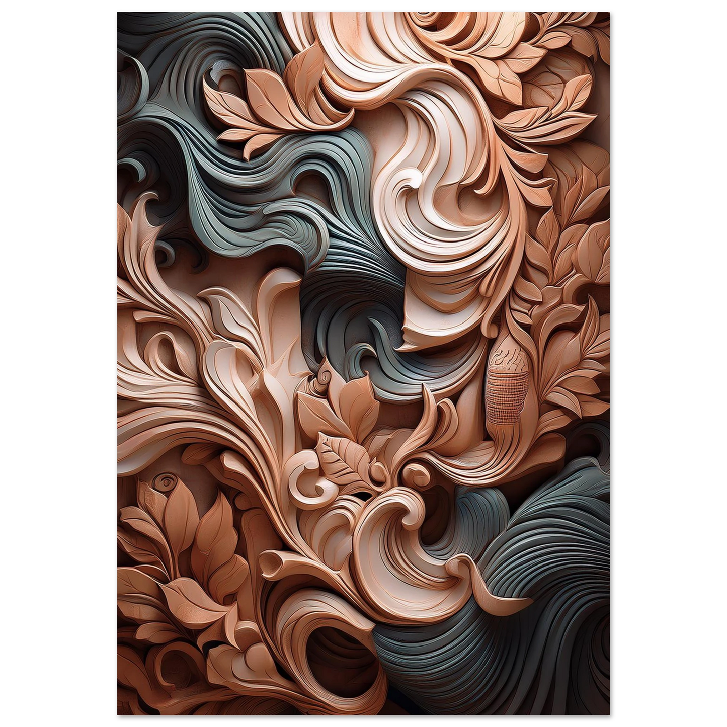 Close up of an intricate golden filigree leaf design with warm autumnal orange and gold tones in an abstract style.