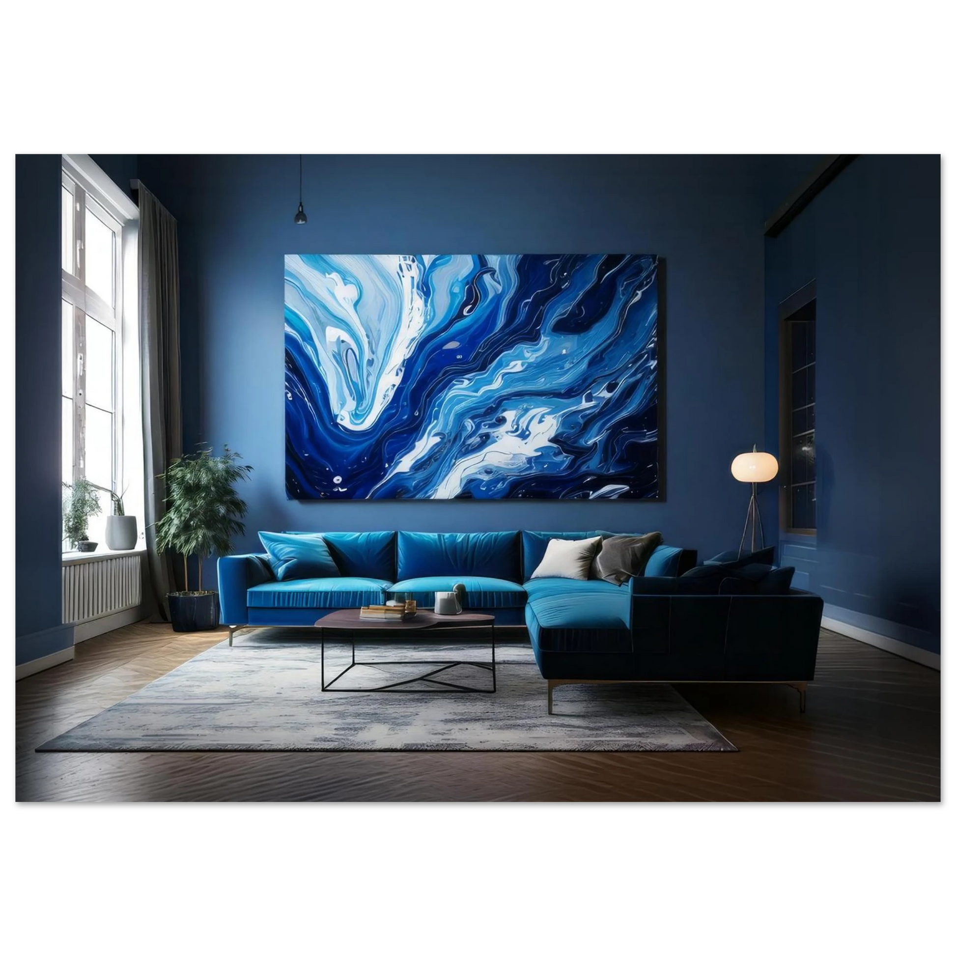 Close-up of a large textured abstract painting with swirling fluid acrylic layers of deep indigo, sapphire, and icy white.