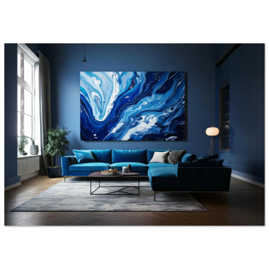 Close-up of a large textured abstract painting with swirling fluid acrylic layers of deep indigo, sapphire, and icy white.