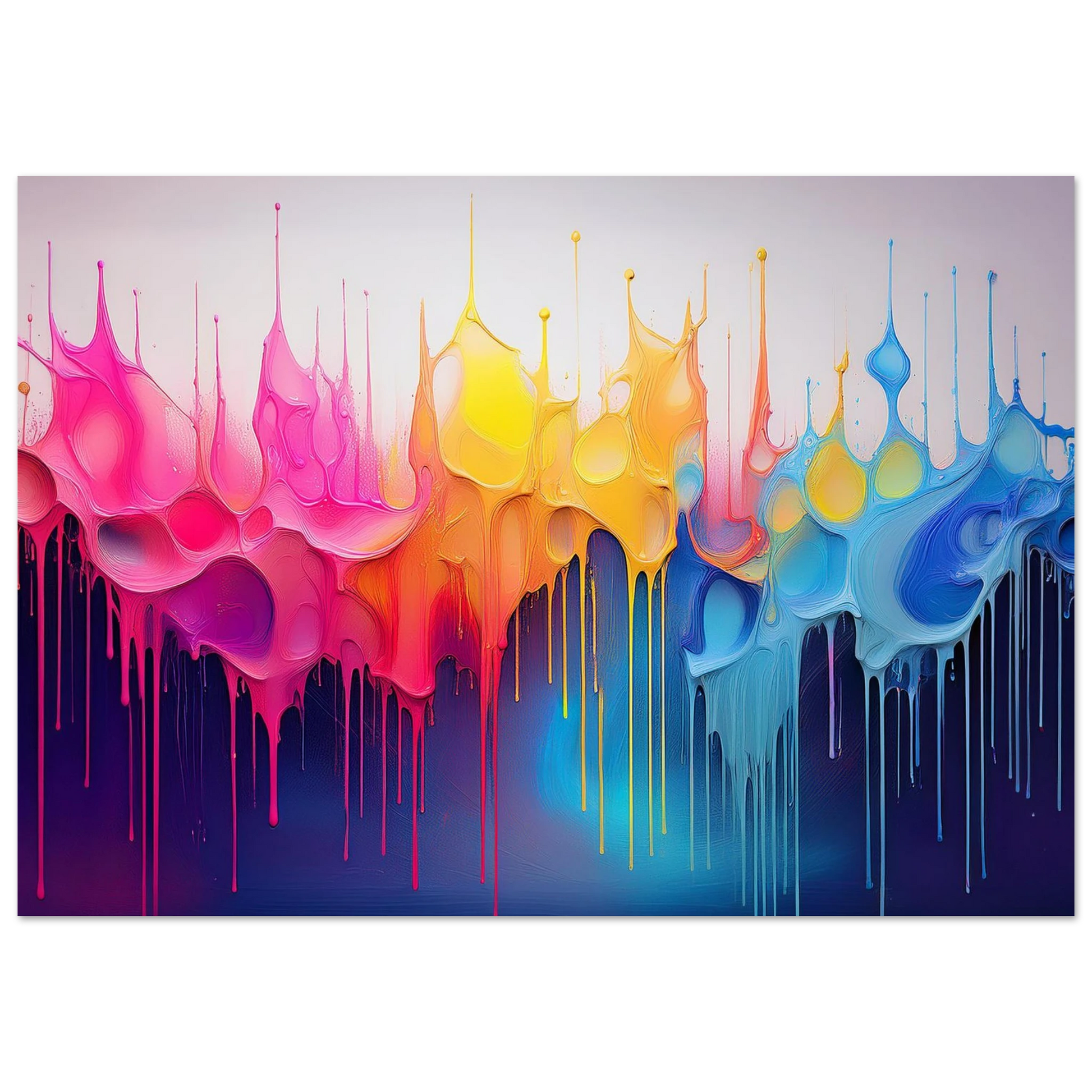 A vertical canvas with a single large, glossy fluid drip pattern shifting from pink to blue and yellow.
