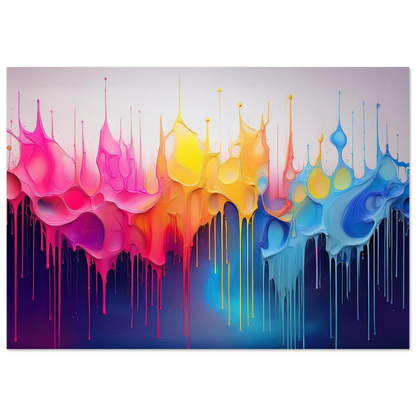A vertical canvas with a single large, glossy fluid drip pattern shifting from pink to blue and yellow.