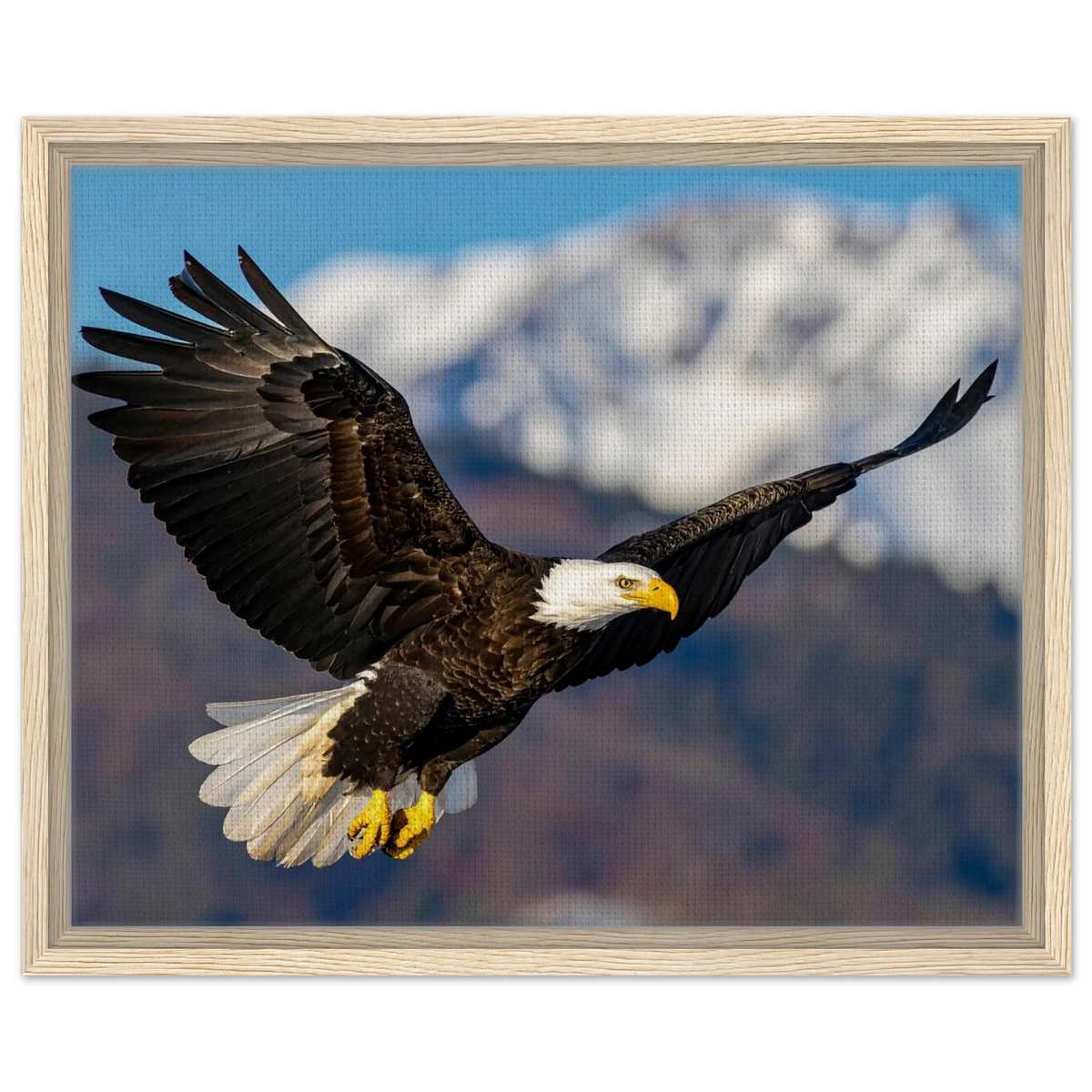 Majestic Soaring Bald Eagle Mountain Wall Art framed canvas in natural wood frame