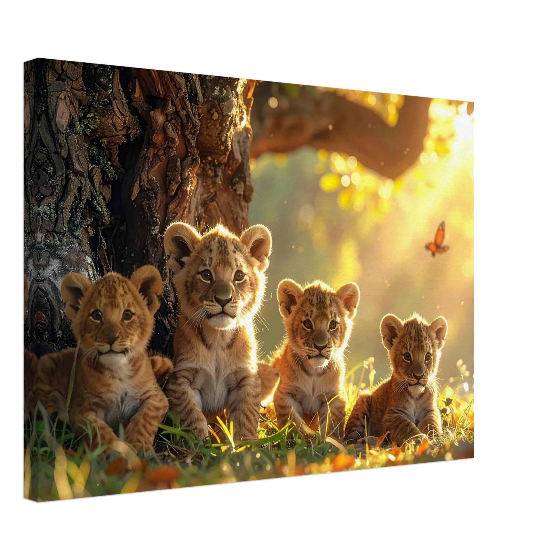 Four lion cubs sitting under a tree with warm sunlight filtering through.