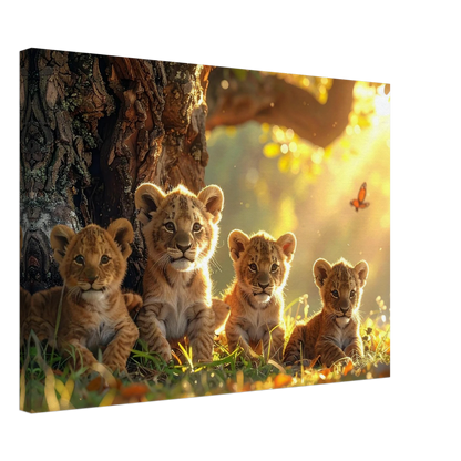 Four lion cubs sitting under a tree with warm sunlight filtering through.