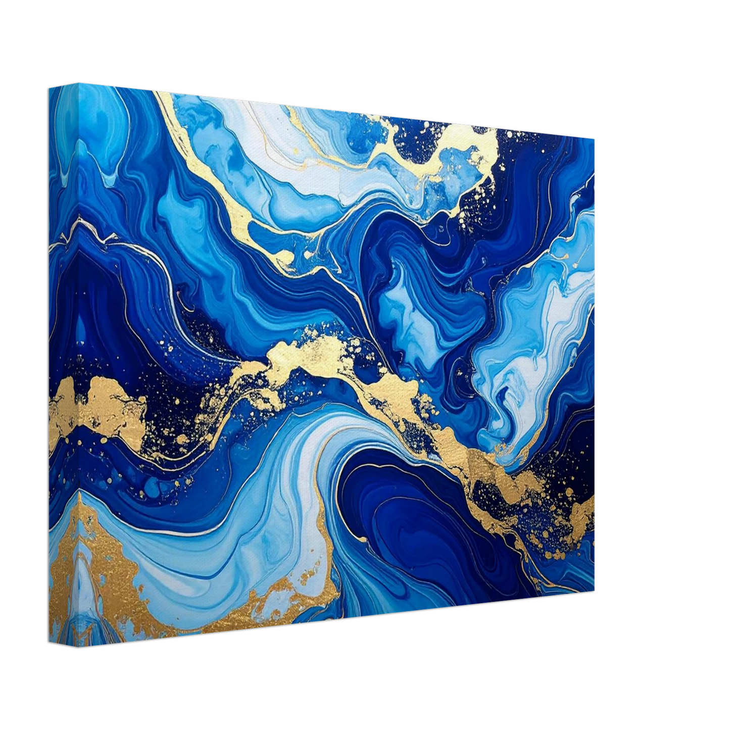 Abstract art canvas with blue and gold swirls on a white background