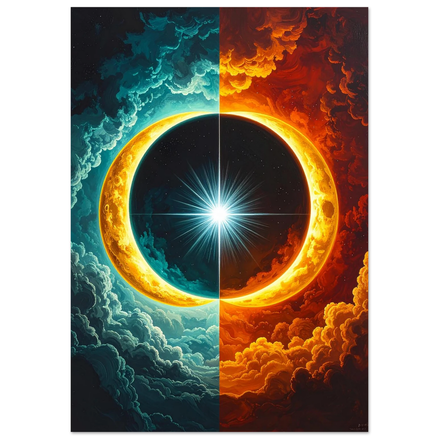 Symmetrical digital painting of a glowing solar eclipse centered between dark blue and fiery orange storm clou