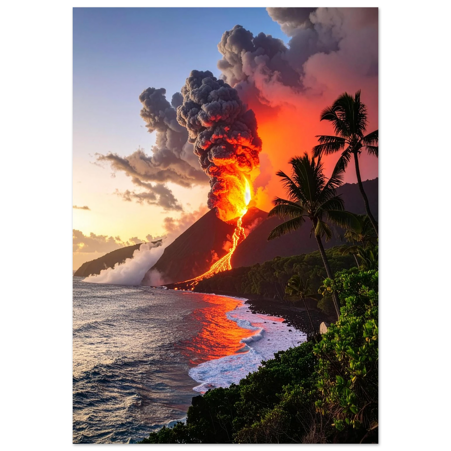 Dramatic abstract canvas print featuring a volcano cloud tree over a seascape in a sophisticated palette of black, white, and red.