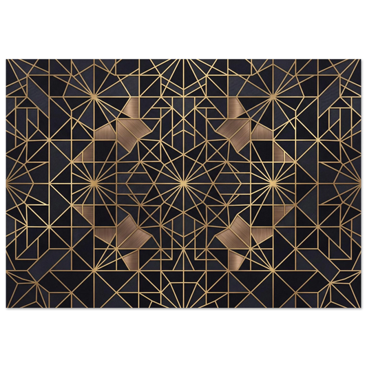 Flat front-facing digital illustration of a highly symmetrical geometric pattern with crisp gold outlines, triangular divisions, and textured bronze-brown details.