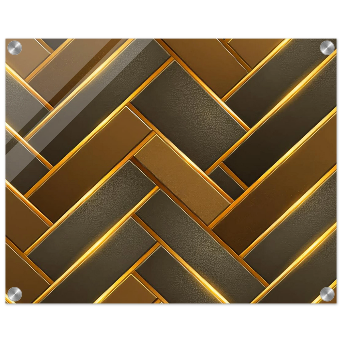 The Golden Herringbone modern geometric wall art print on 1/4 inch high-gloss acrylic with rich gold and charcoal interlocking pattern.