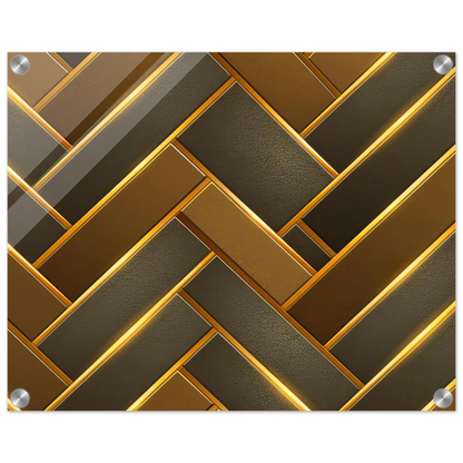 The Golden Herringbone modern geometric wall art print on 1/4 inch high-gloss acrylic with rich gold and charcoal interlocking pattern.