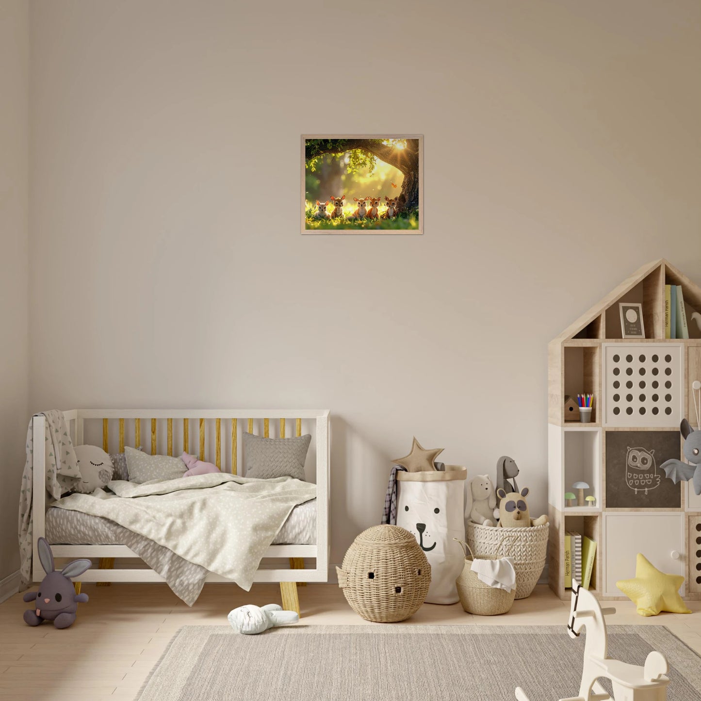 A serene and soft-toned realistic art piece showing diverse baby animals gathered peacefully under the sprawling branches of a large, ancient tree.