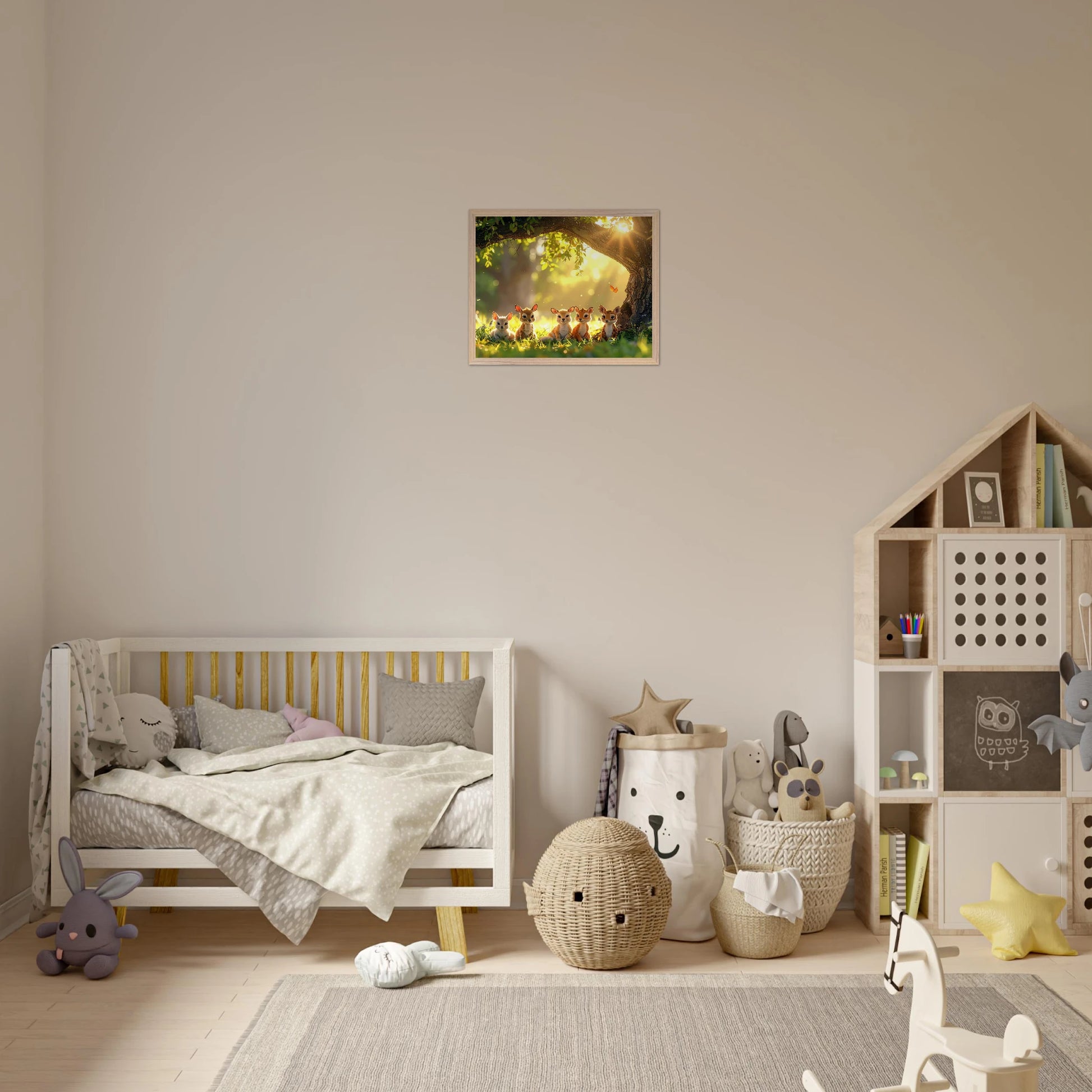 A serene and soft-toned realistic art piece showing diverse baby animals gathered peacefully under the sprawling branches of a large, ancient tree.