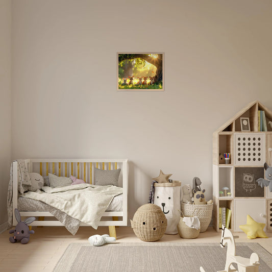 A serene and soft-toned realistic art piece showing diverse baby animals gathered peacefully under the sprawling branches of a large, ancient tree.