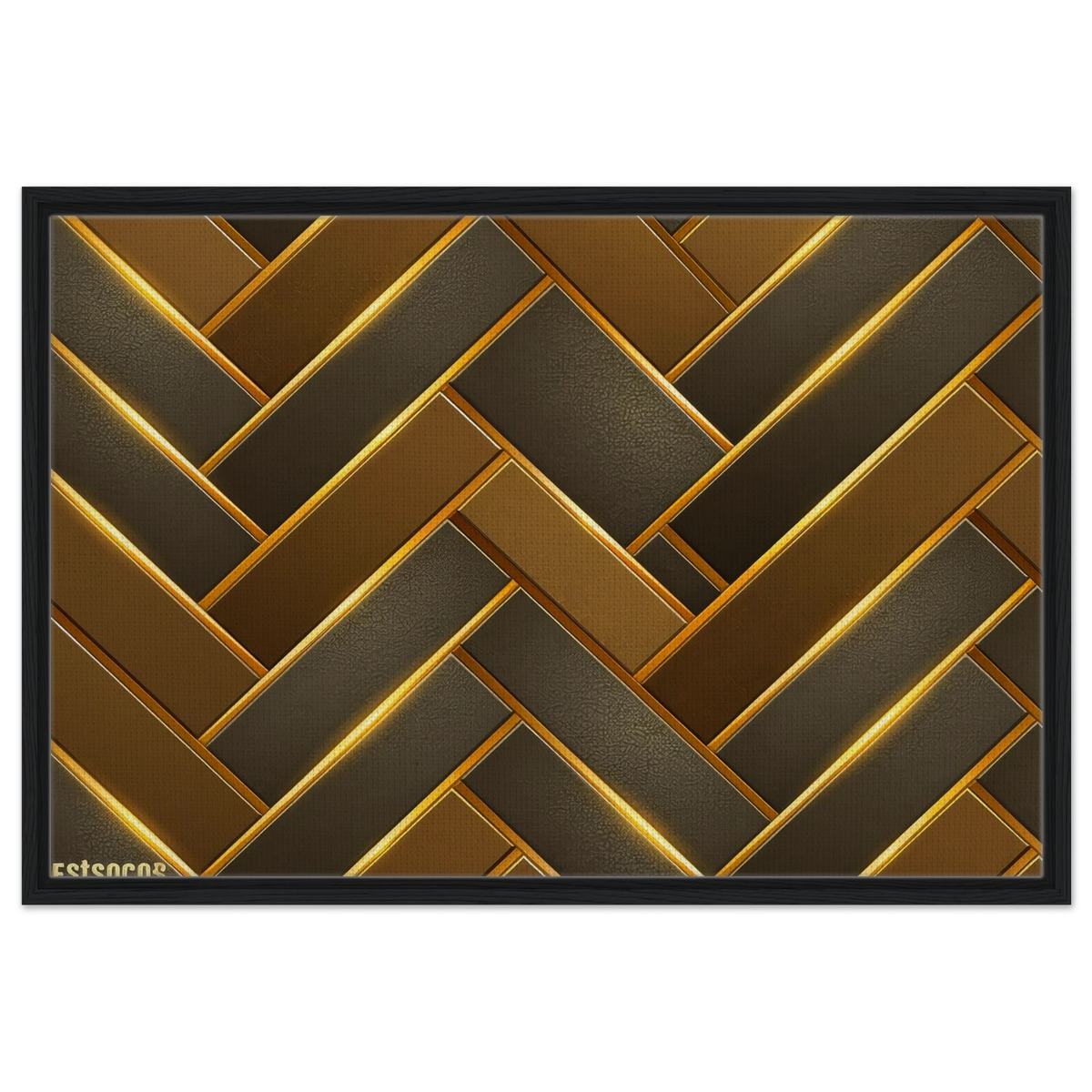 A framed wall art print featuring a geometric herringbone pattern in metallic gold and dark brown tones, enclosed in a thin black frame against a white background.