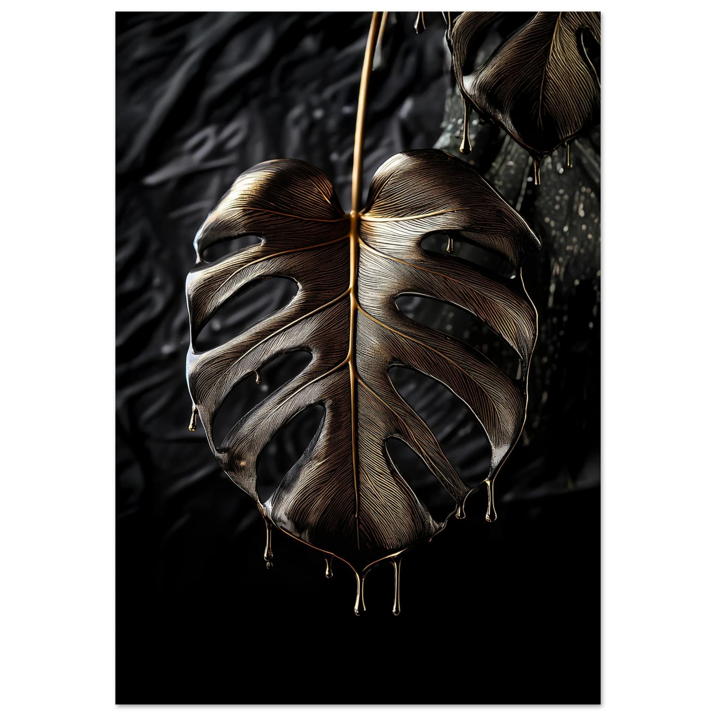 A large metallic gold Monstera deliciosa leaf with liquid gold droplets falling from its edges against a dark, textured background.


