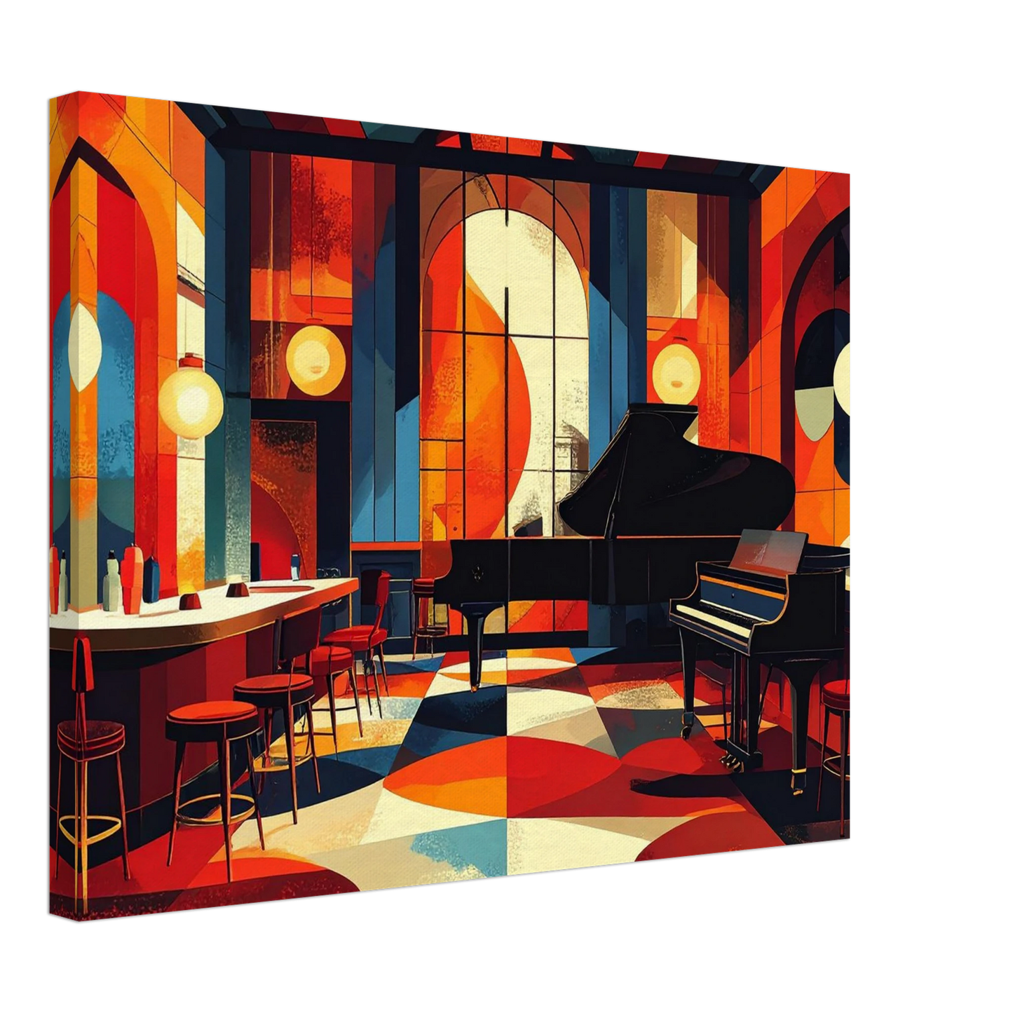 Colorful interior design with a grand piano and bar stools.