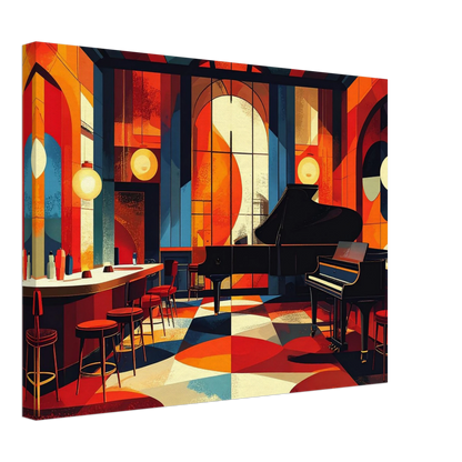 Colorful interior design with a grand piano and bar stools.