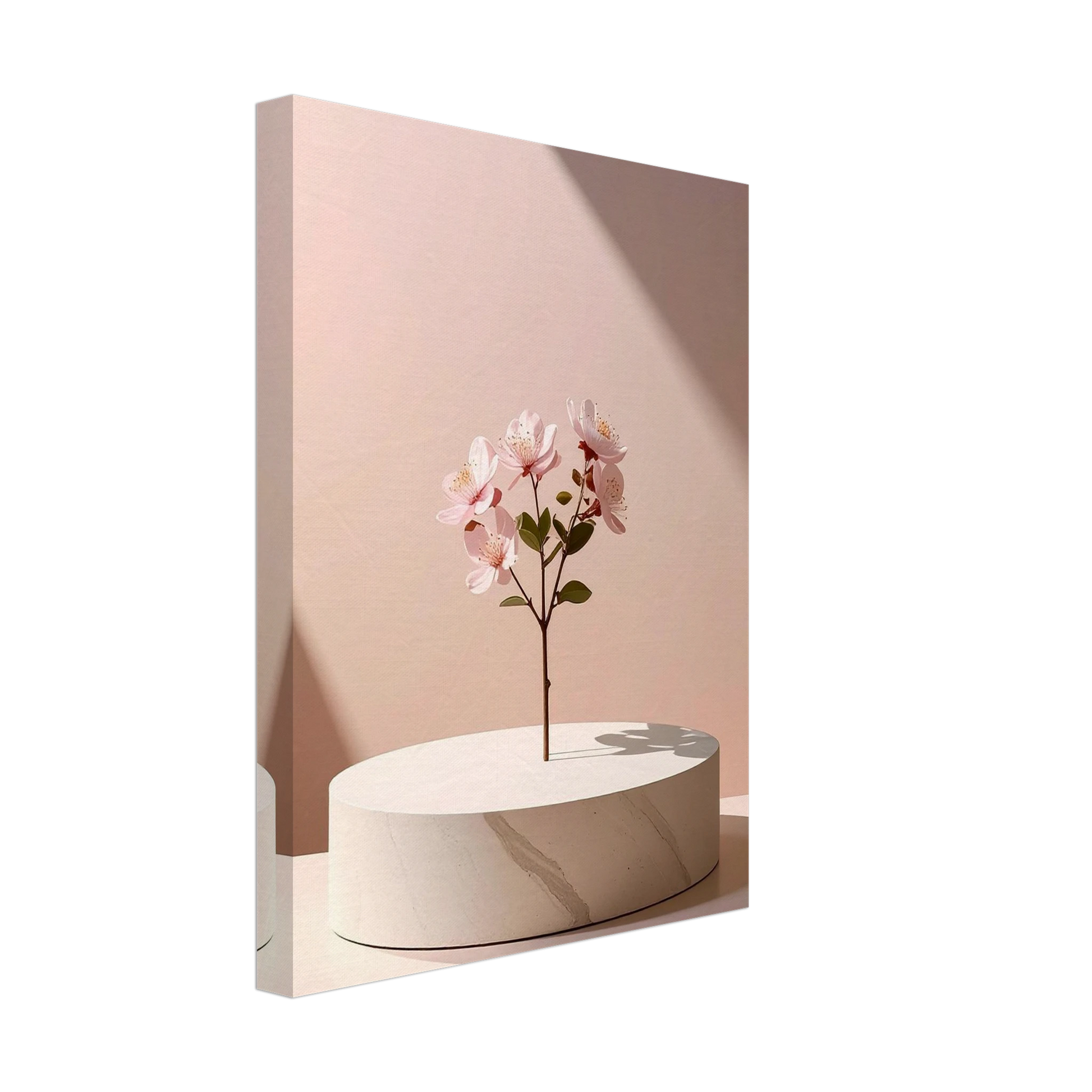 Canvas print of a pink flower arrangement on a white pedestal against a pink background
