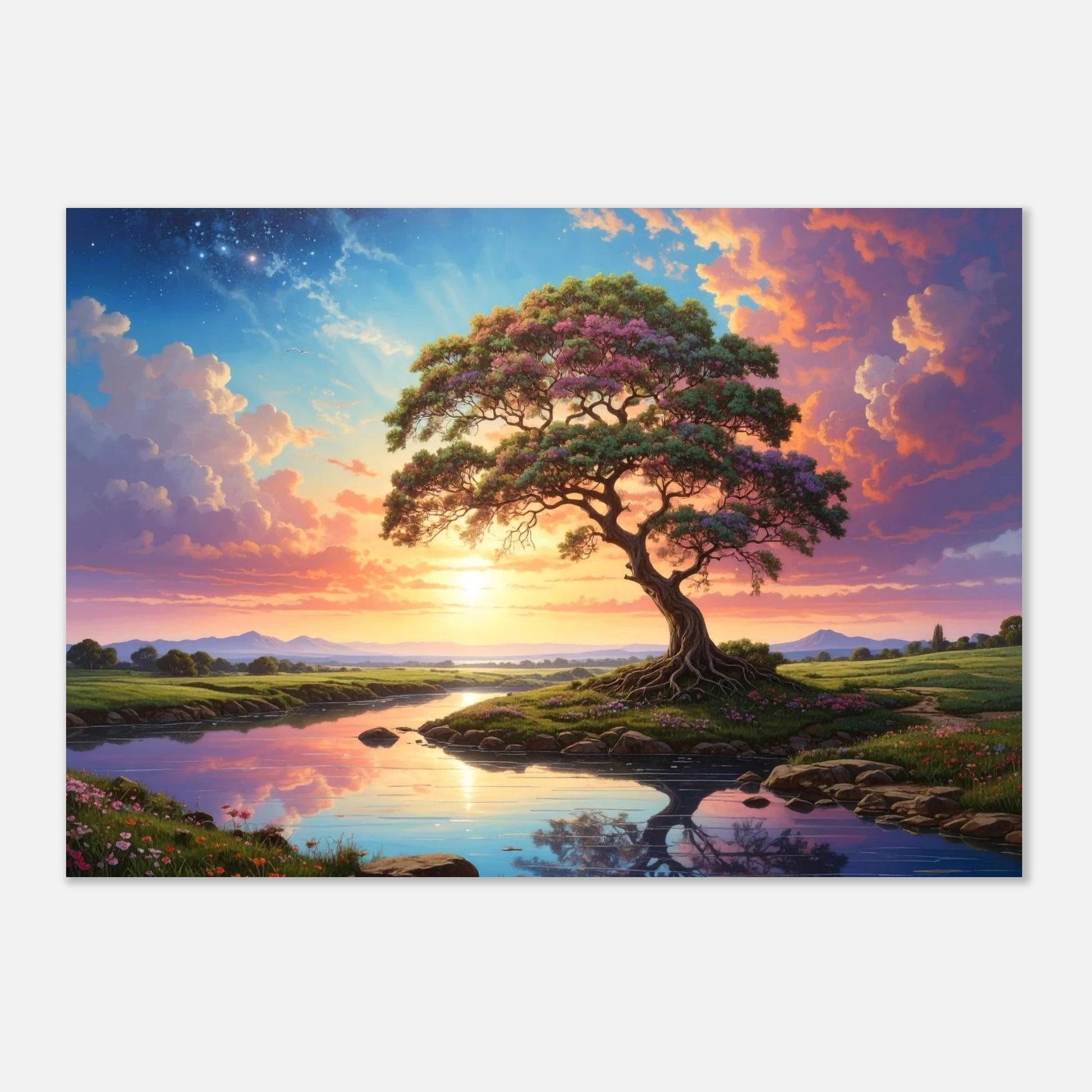 Surreal landscape with a large tree by a lake under a colorful sky.