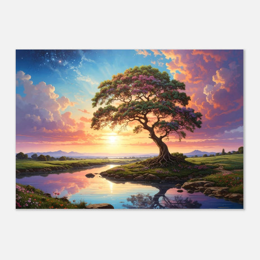 Surreal landscape with a large tree by a lake under a colorful sky.
