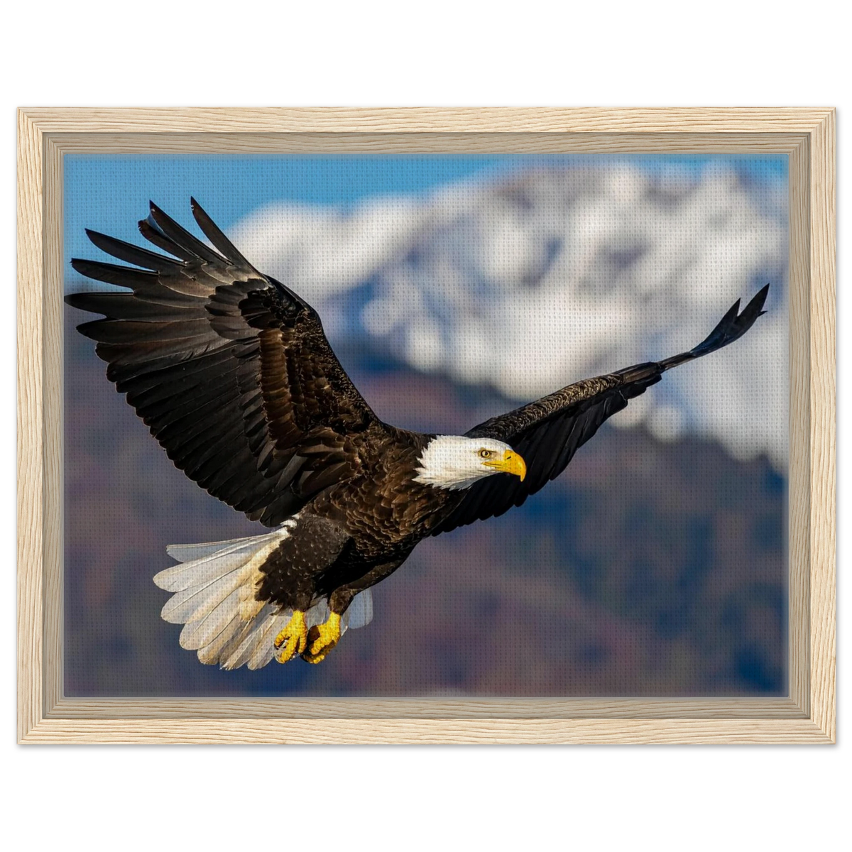 Majestic Soaring Bald Eagle Mountain Wall Art framed canvas in natural wood frame