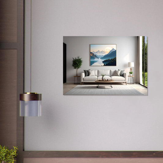 Large horizontal wall art of blue misty mountains and a lake over a white modern sofa in a bright living room.