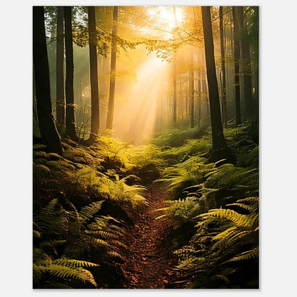 A DREAMY, SOFT-FOCUS SURREALIST  MISTY FOREST LANDSCAPE PRINT WITH GLOWING LIGHT AND BOTANICAL ELEMENTS