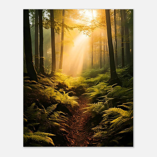 A DREAMY, SOFT-FOCUS SURREALIST  MISTY FOREST LANDSCAPE PRINT WITH GLOWING LIGHT AND BOTANICAL ELEMENTS