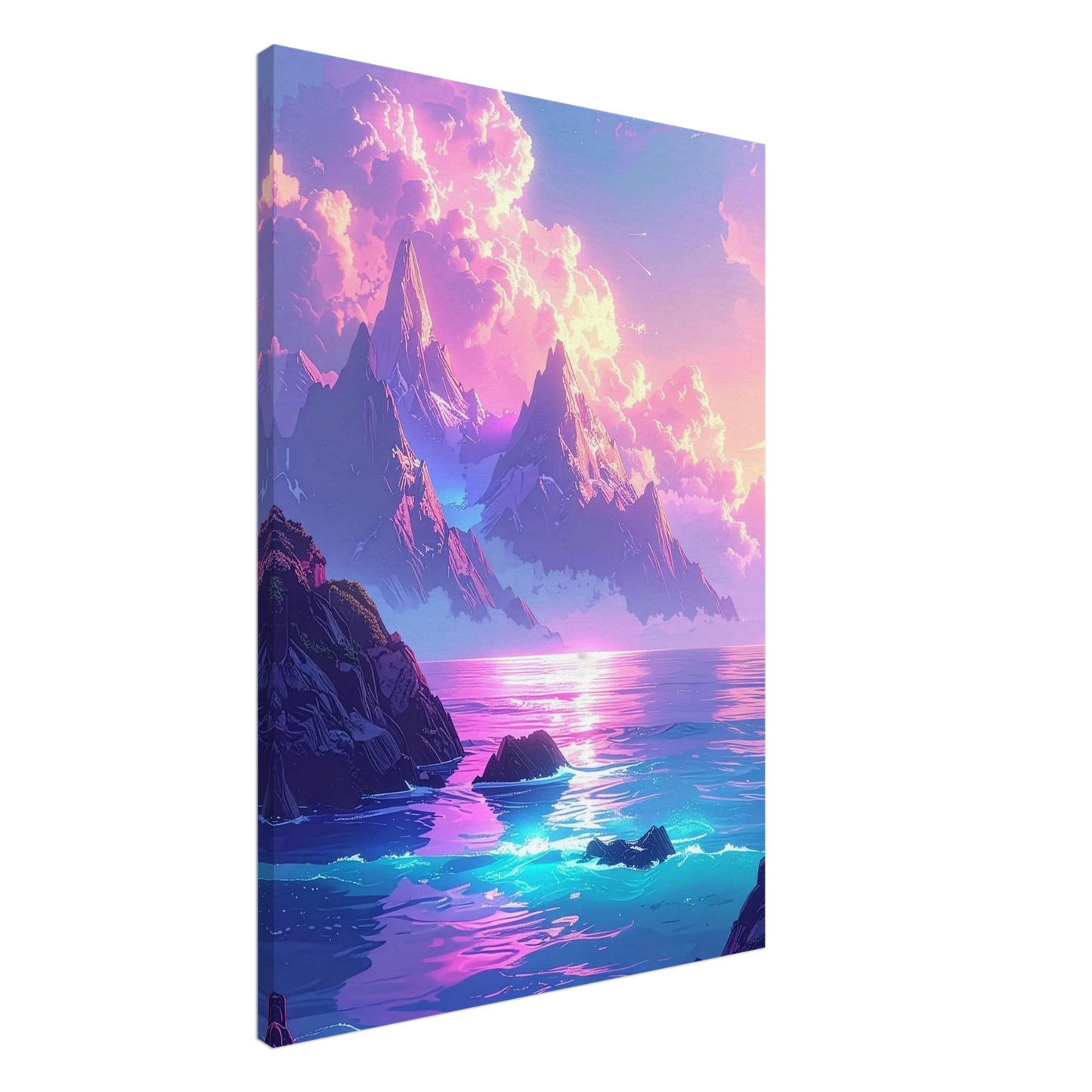 Canvas print of a futuristic landscape with mountains and water on a white background