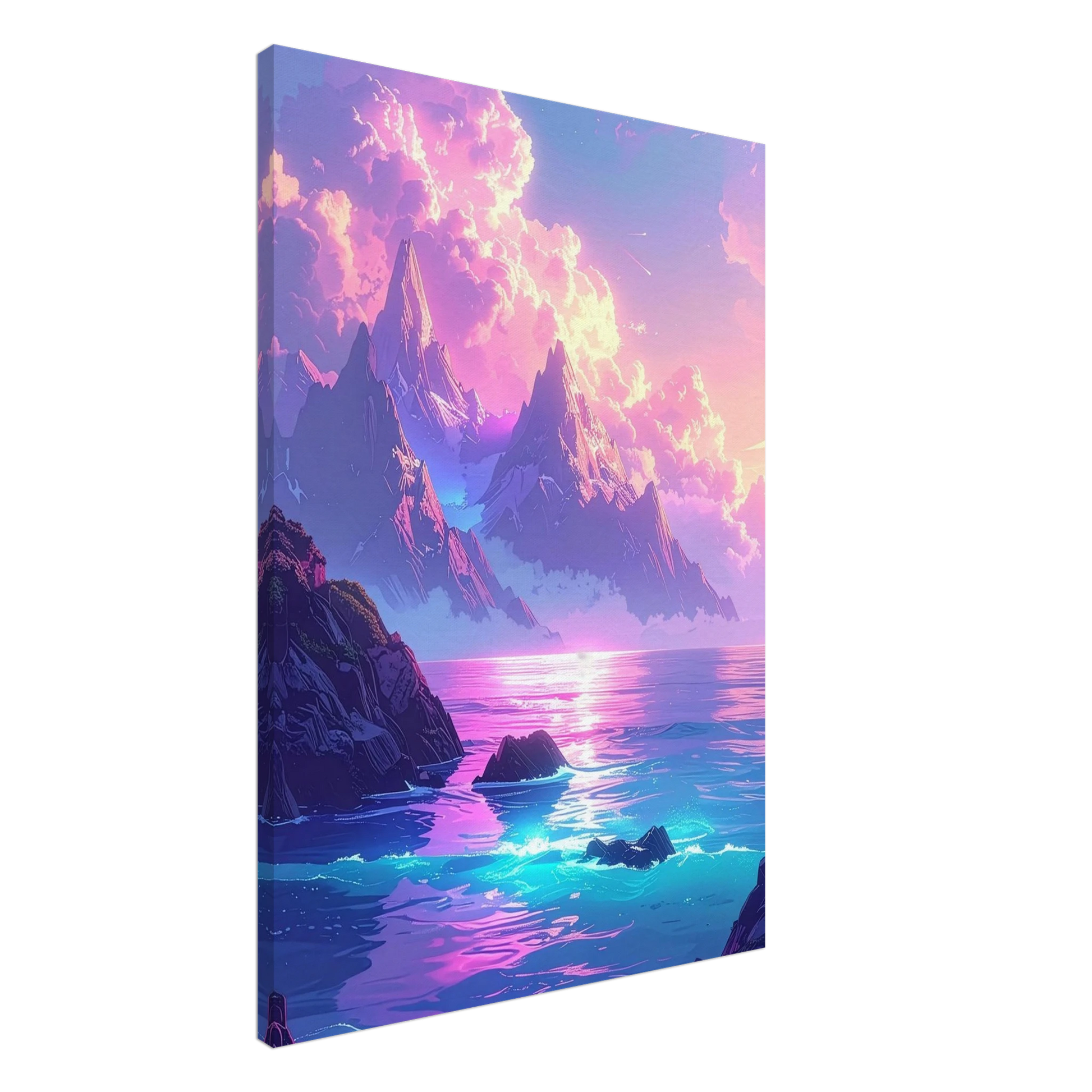 Canvas print of a futuristic landscape with mountains and water on a white background