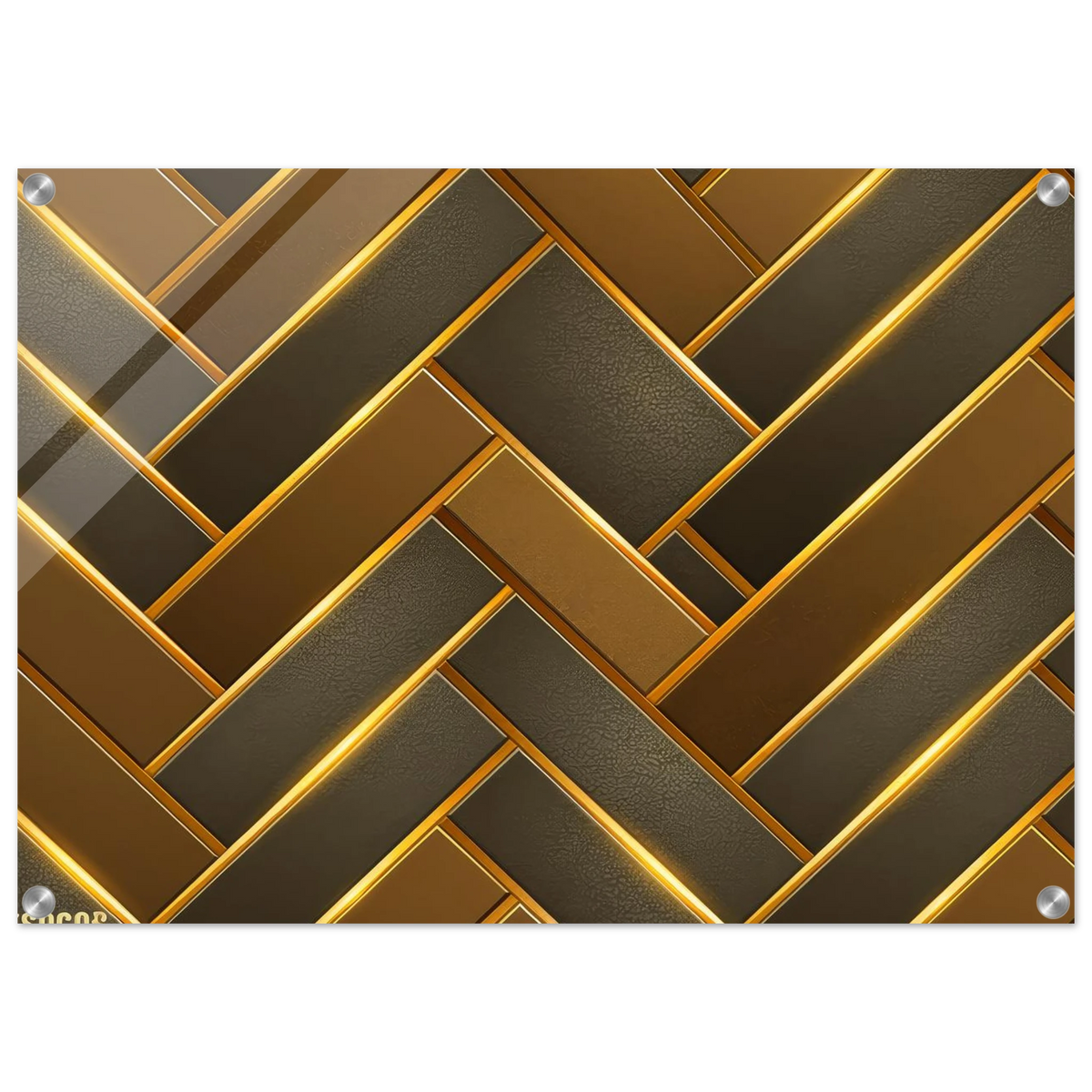 The Golden Herringbone modern geometric wall art print on 1/4 inch high-gloss acrylic with rich gold and charcoal interlocking pattern.