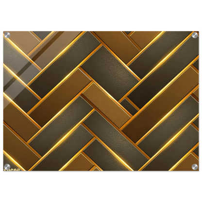 The Golden Herringbone modern geometric wall art print on 1/4 inch high-gloss acrylic with rich gold and charcoal interlocking pattern.