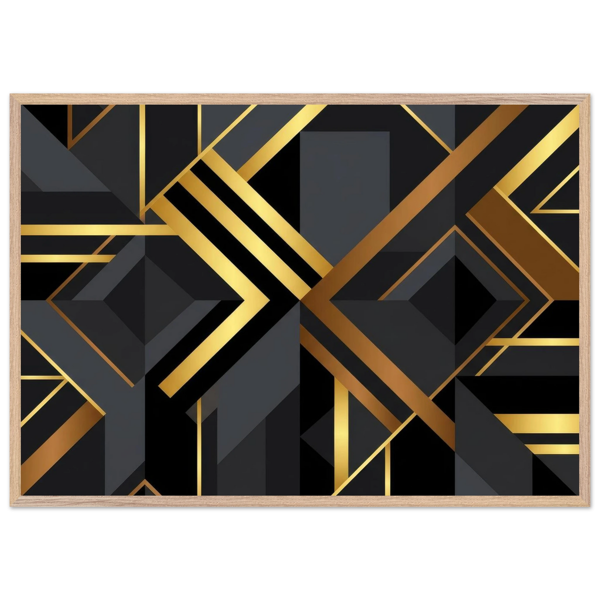 A framed art print featuring a modern geometric Art Deco design in black and gold, set against a clean white background.