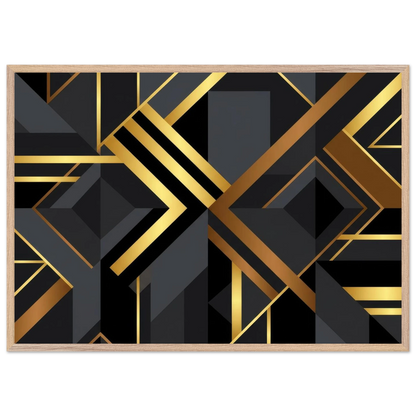 A framed art print featuring a modern geometric Art Deco design in black and gold, set against a clean white background.