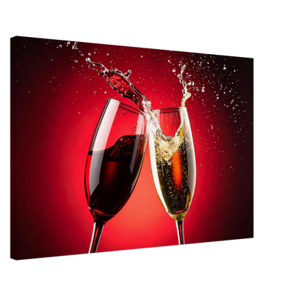 Two glasses of red and white wine clinking together on a red background