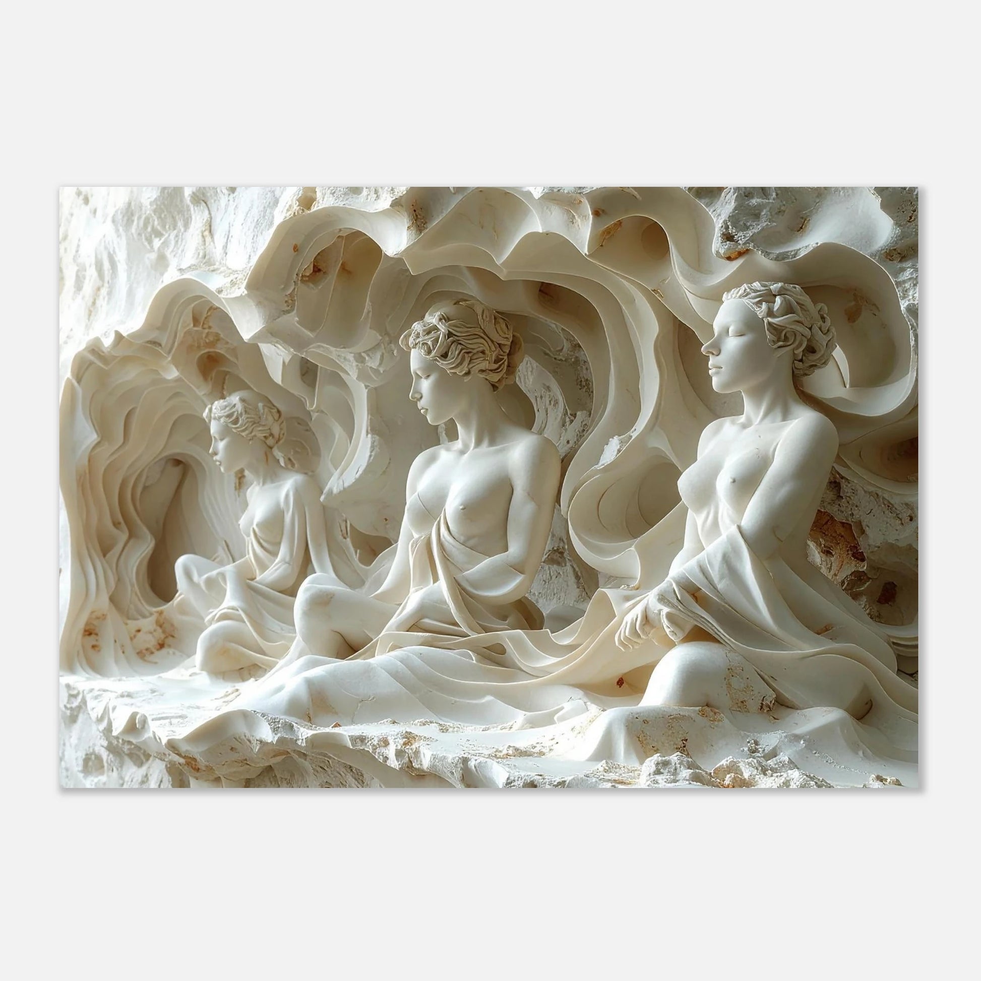 Realistic 3D sculptural illusion of carved stone with intricate textures and natural gray tones.