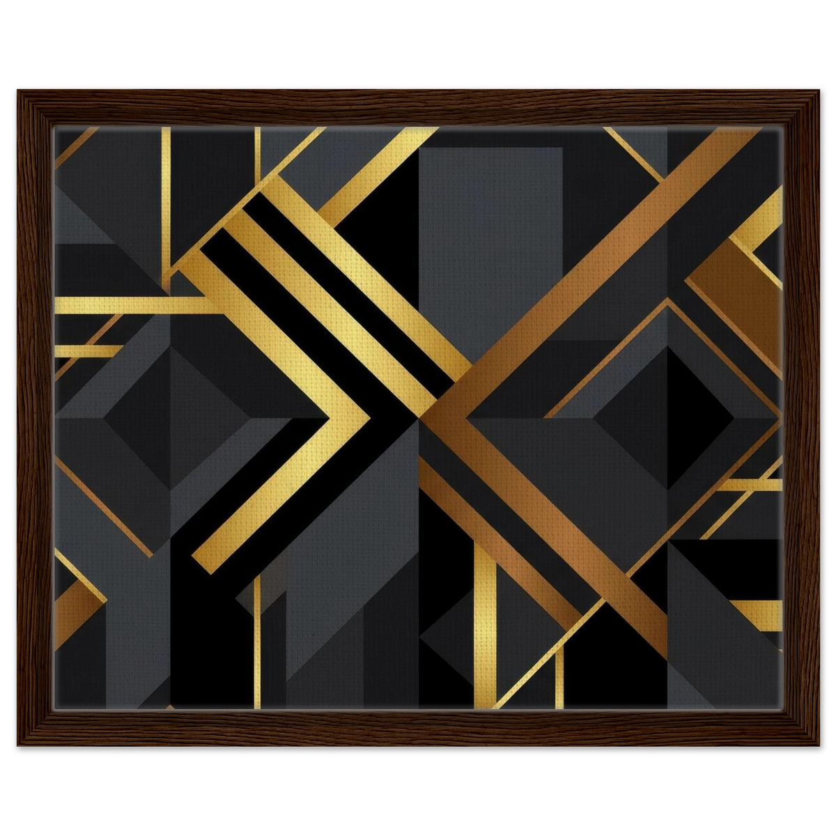 Framed abstract geometric wall art featuring bold black and metallic gold lines, shapes, and blocks, presented in a dark brown wood frame against a plain white background.
