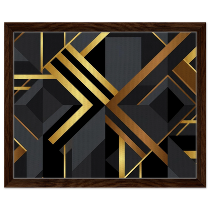 Framed abstract geometric wall art featuring bold black and metallic gold lines, shapes, and blocks, presented in a dark brown wood frame against a plain white background.